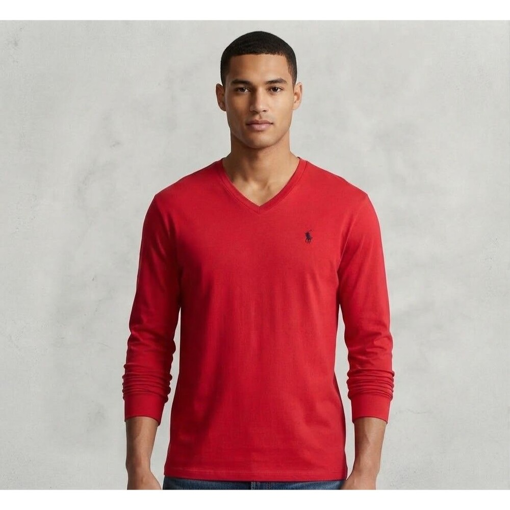 Polo Ralph Lauren Men XL Red Long Slv V-Neck T-Shirt Embroidered Black Pony Logo